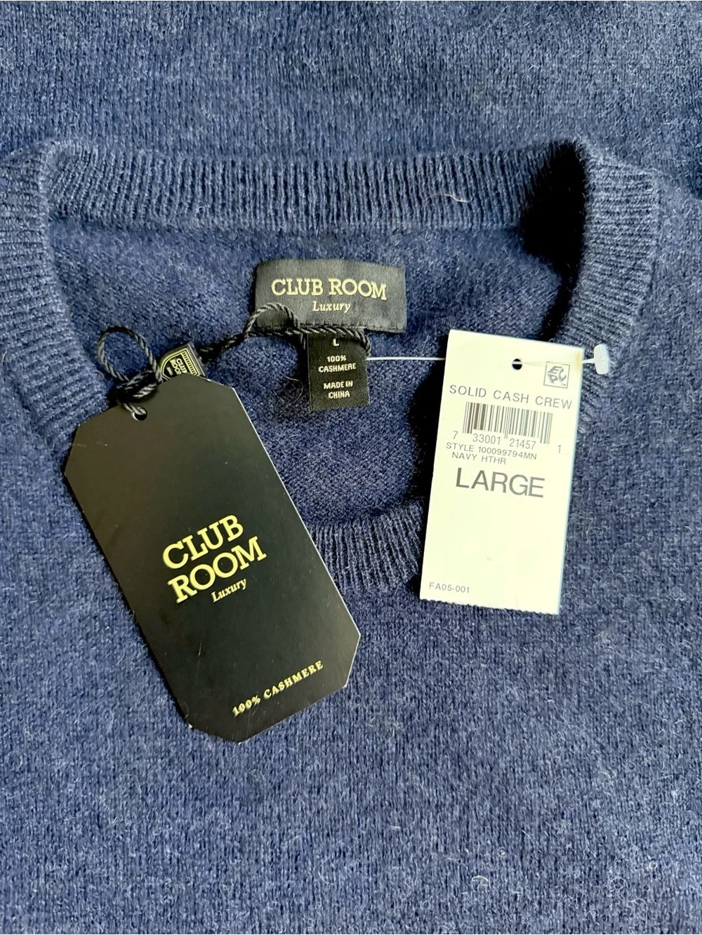 NWT Club Room Crewneck Cashmere Sweater Pullover Navy Blue Men's size L Luxury